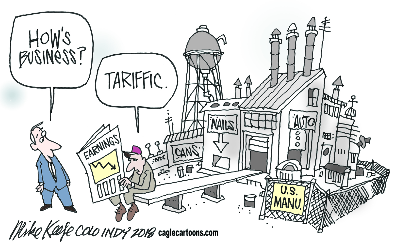 Political cartoon U.S. economy tariffs business manufacturing trade