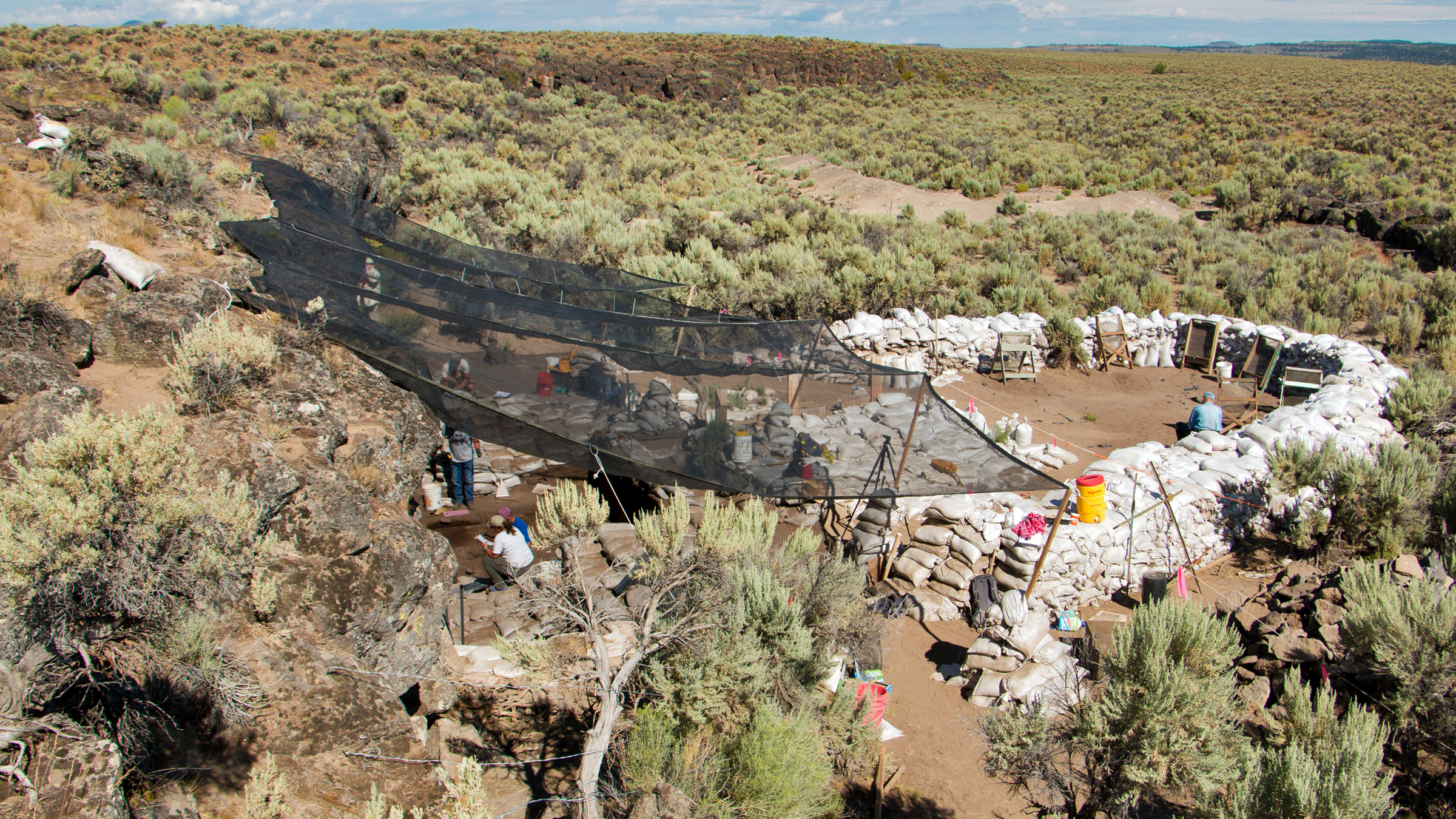We see scrubland in Oregon. A clear-out archaeological site has sandbags around it and netting on one side.