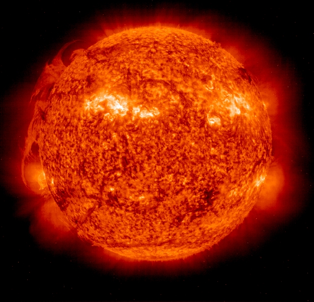 Scientists are studing how the Sun effects Earth’s climate. (This image was taken by instruments aboard NASA&rsquo;s SOHO spacecraft.)