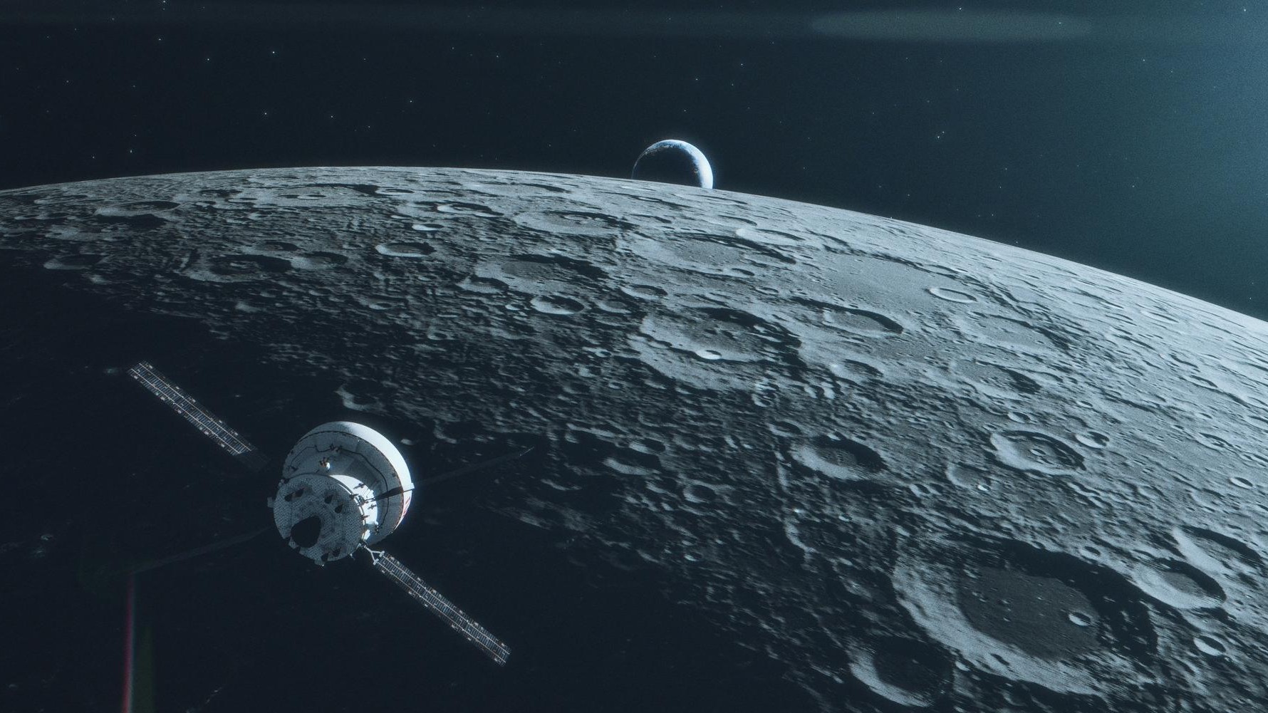 An artist�s illustration of the Orion spacecraft orbiting the moon.