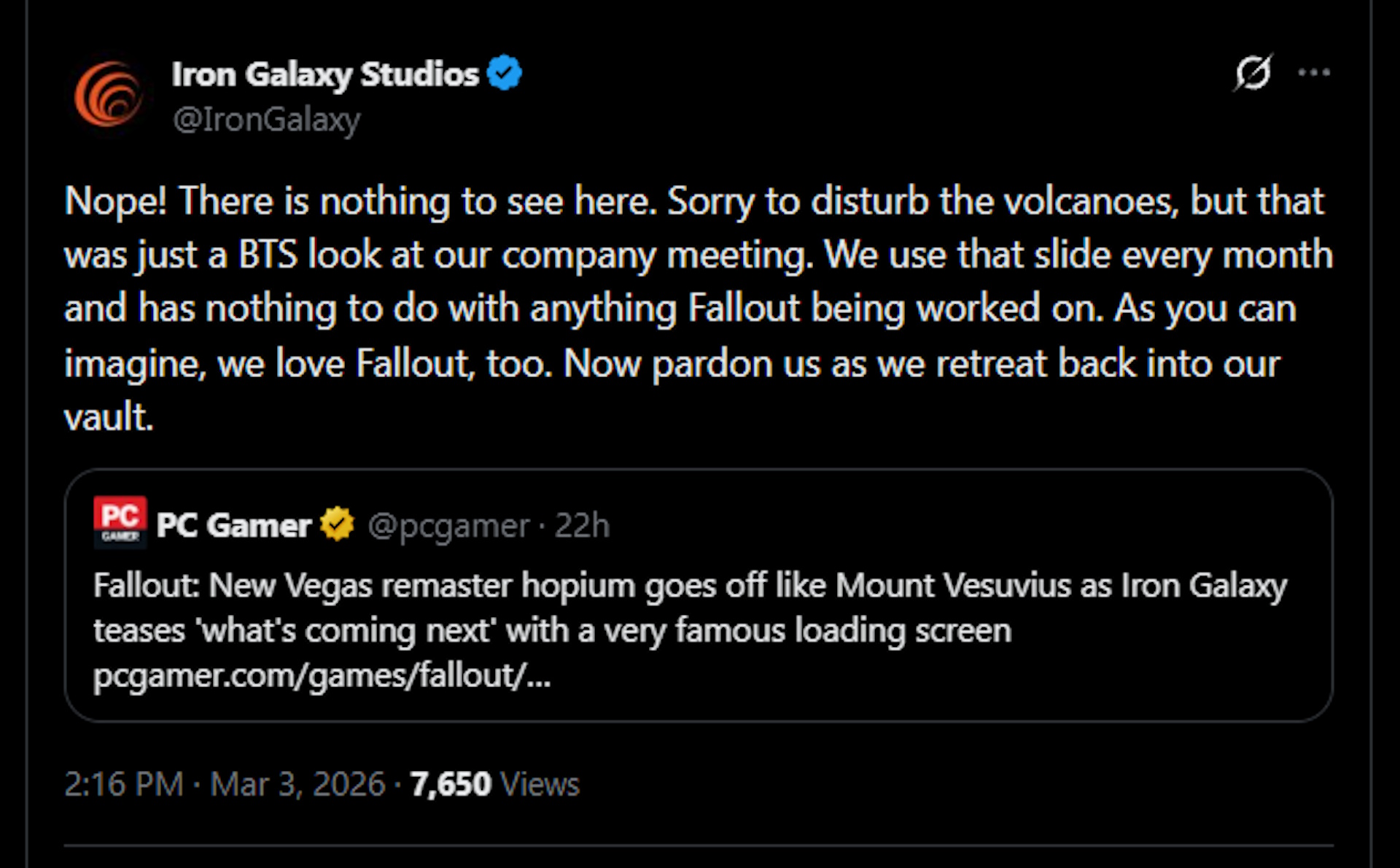 Iron Galaxy says the Fallout New Vegas image it…