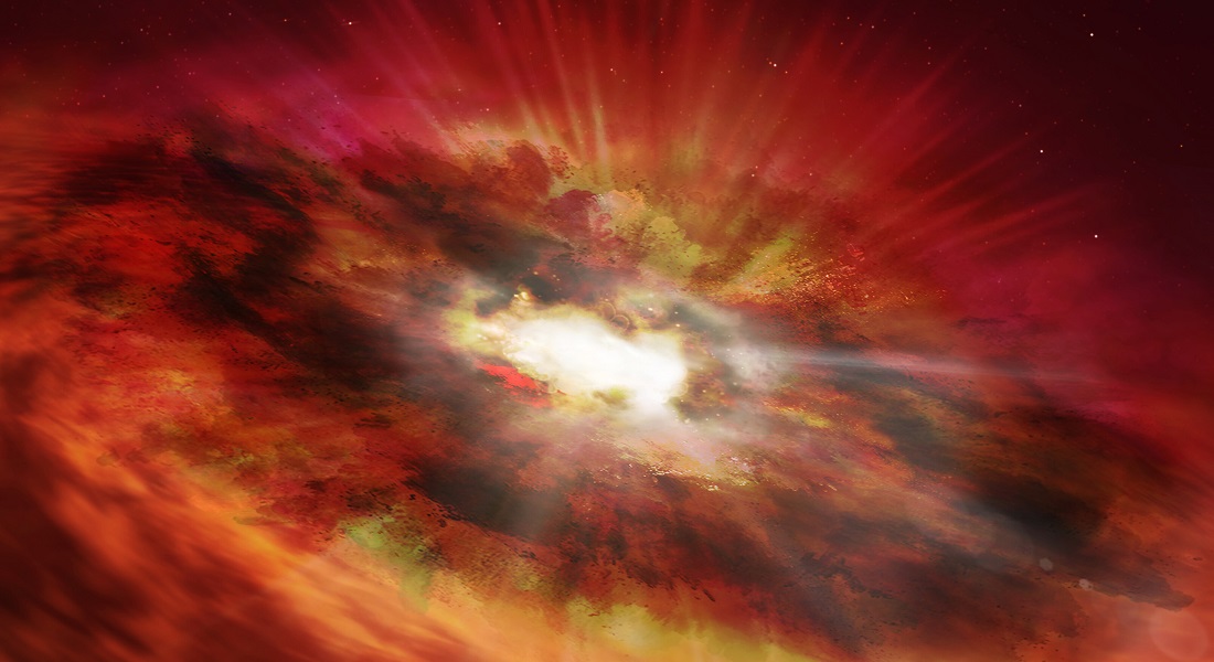 An artist�s impression of a transitioning red quasar &ndash; a bright, compact object shrouded in clouds of red dust