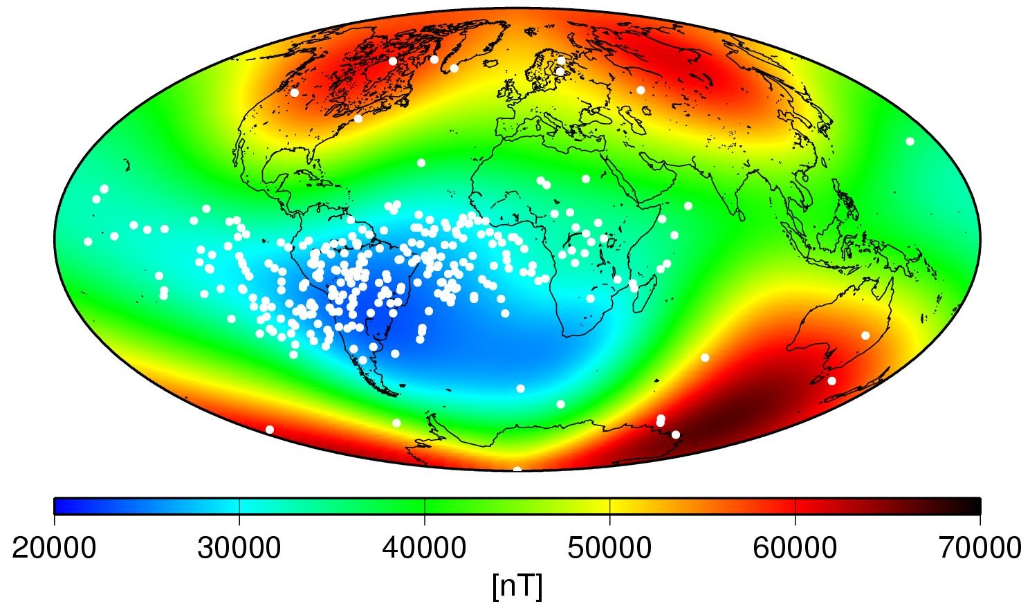 South Atlantic anomaly shown by using a map of the world&rsquo;s magnetic field. White spots over the South Atlantic indicate a weakness.