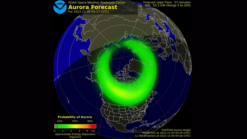 The northern lights could heat up the next couple of nights during a strong geomagnetic storm. Here, the brightness and location of the aurora is shown as a green oval centered on Earth’s magnetic pole. The green ovals turn red when the aurora is forecasted to be more intense.