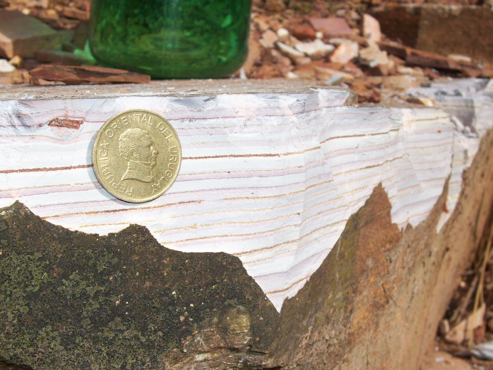 Detail of the rhythmites, showing the repetitive fine sand and silt-clay layers.