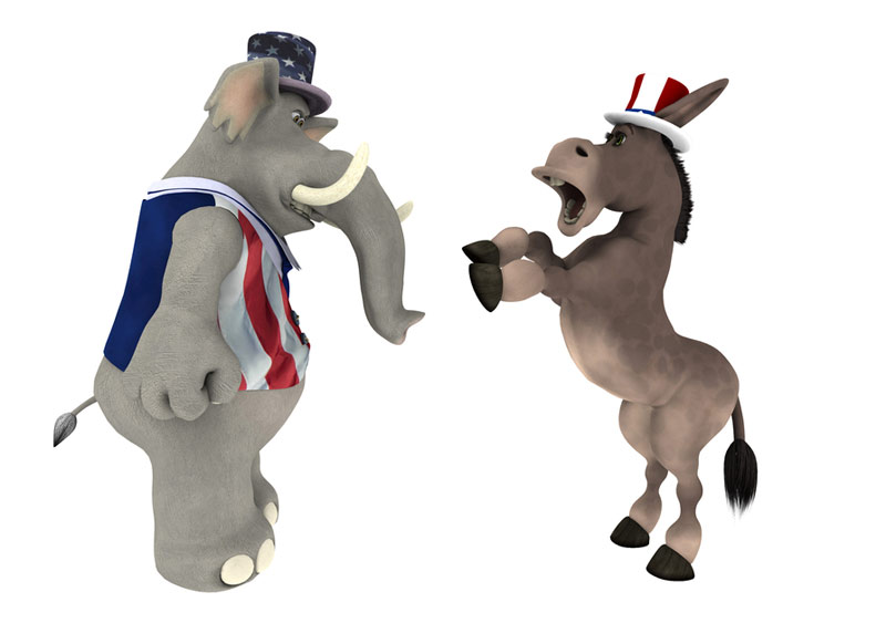 GOP Republican Elephant arguing with a DNC Democrat Donkey.