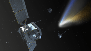 Ilustración gráfica de la nave espacial Interceptor del cometa a la izquierda, con dos grandes paneles solares que se extienden por cada lado, y un cometa grande a la derecha con una impresionante cola azul y amarilla.