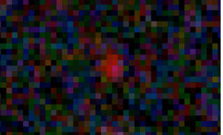 Un punto rojo pixelado contra un fondo negro y azul