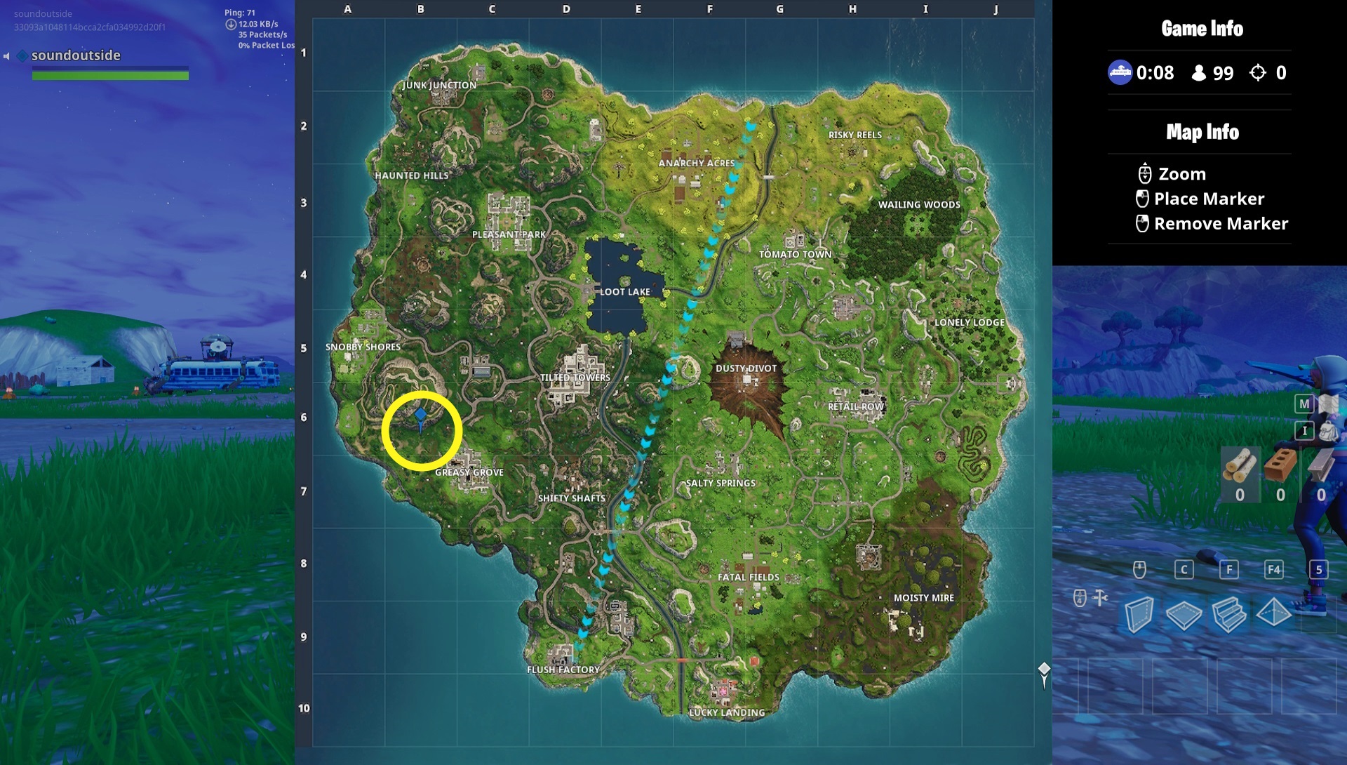 Fortnite search between a playground, campsite, and footprint solution