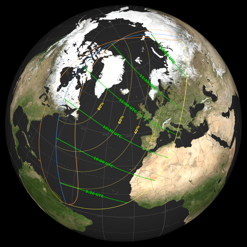 a map showing the pathway of the March 29 solar eclipse across the globe