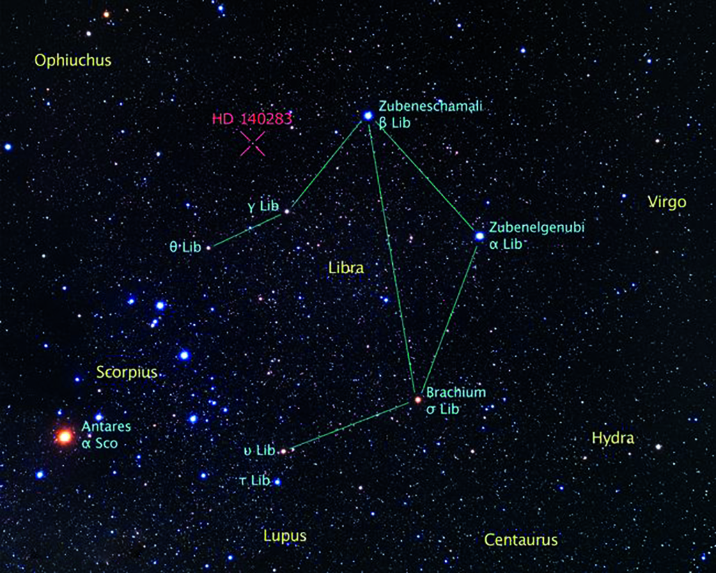 This is a backyard view of the sky surrounding the ancient star, cataloged as HD 140283, which lies 190.1 light-years from Earth. The star is the oldest known to astronomers to date. Image released March 7, 2013.