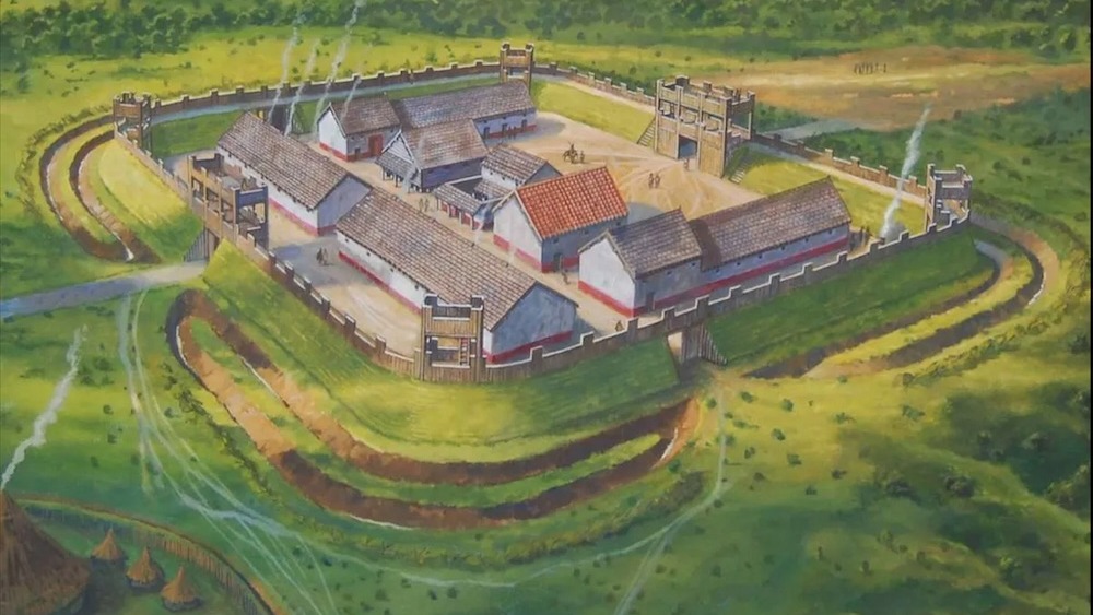 An artist�s illustration of a Roman fort