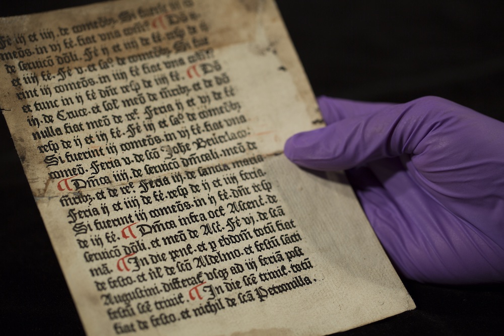 This 540-year-old page, ripped from a medieval priests� handbook, was found in a library at the University of Reading.