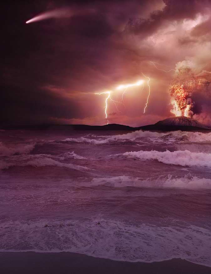An artist&rsquo;s concept of early Earth, with a choppy sea in the foreground and a violent volcano erupting in the background while lightning flashes overhead