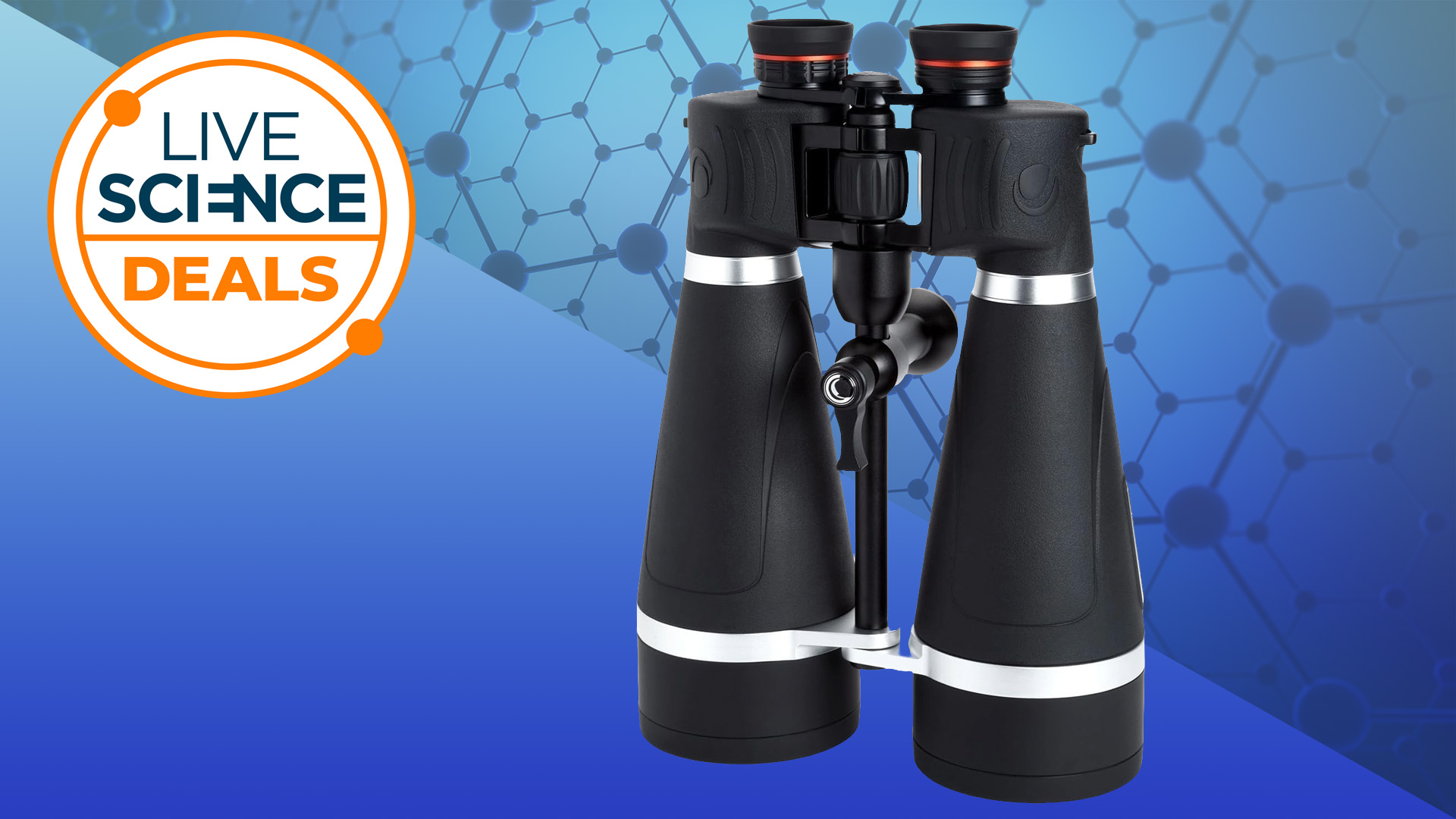 A pair of Celestron SkyMaster Pro 20x80 Binoculars, against a blue patterned background, with a Live Science Deals symbol next to it.