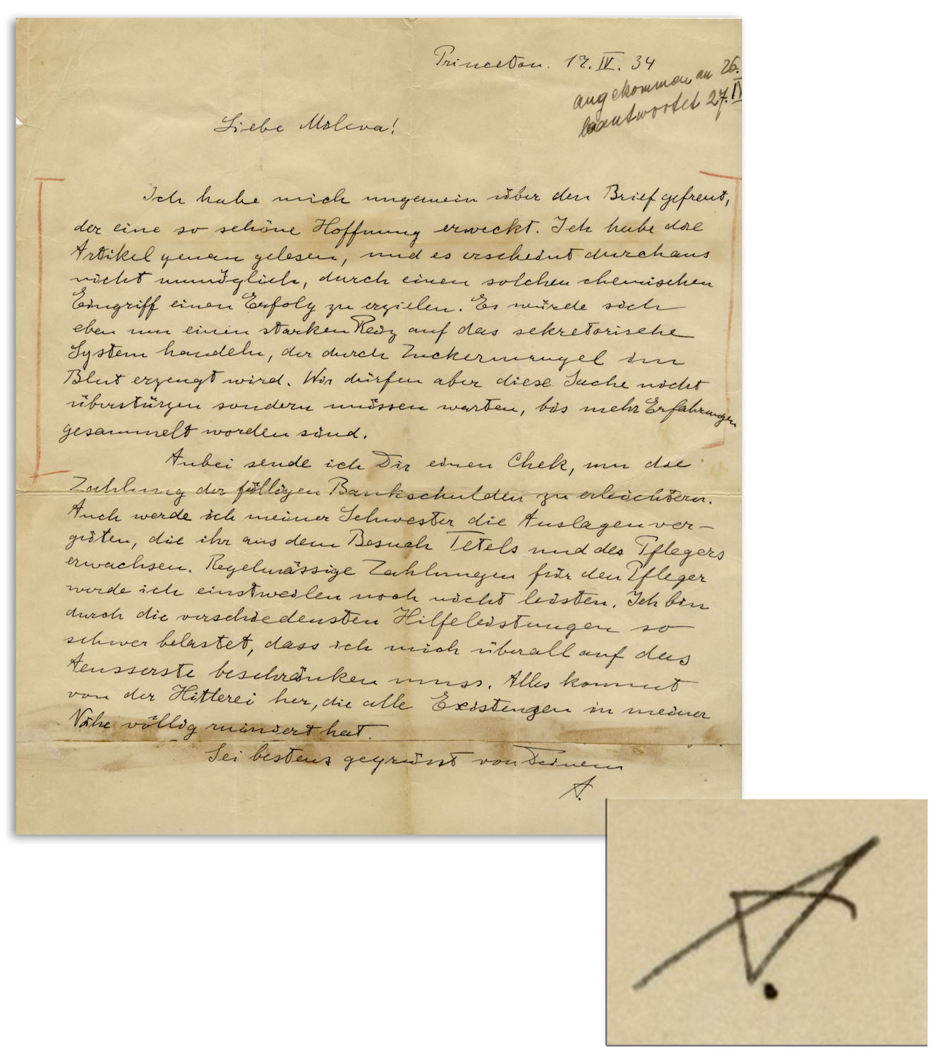 The letter that Albert Einstein wrote to his first wife in German, discussing a possible treatment for their son’s schizophrenia.