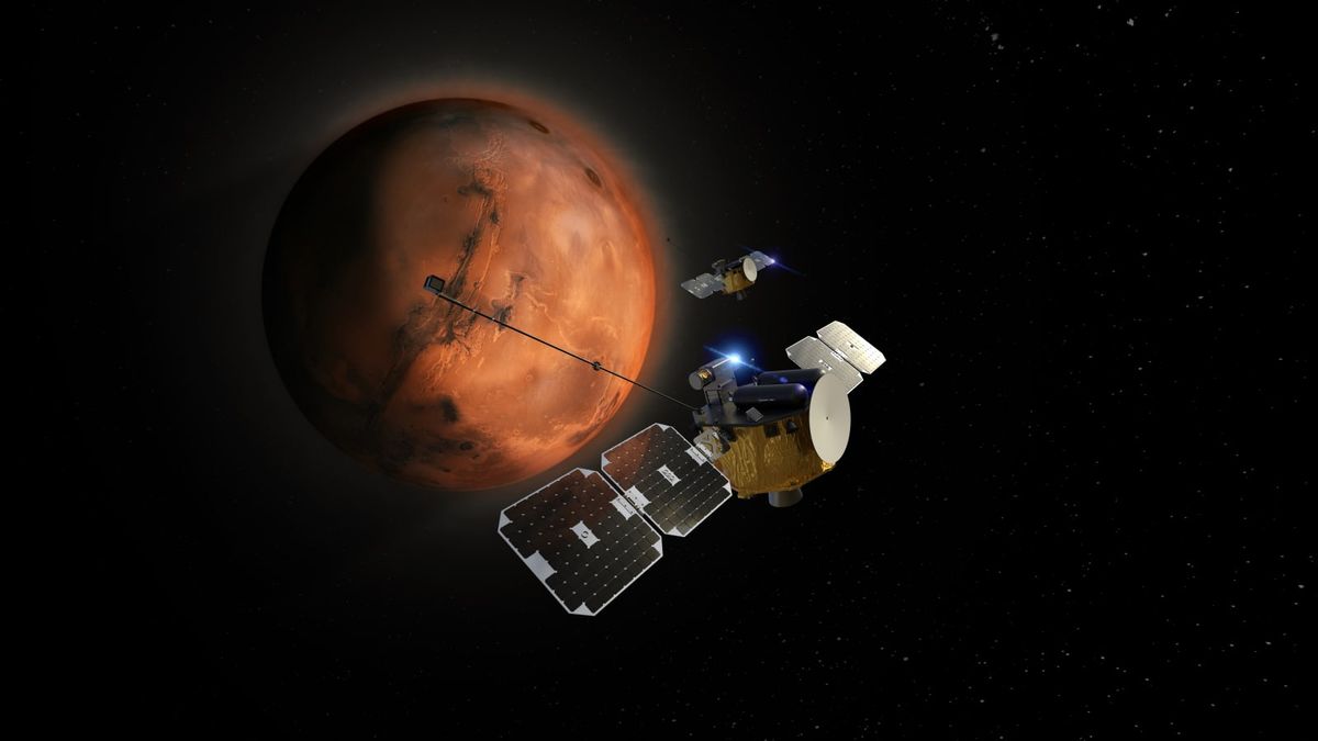 Ilustración de la nave espacial ESCAPADE en órbita alrededor de Marte.