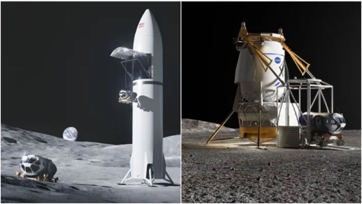 Las imágenes una al lado de la otra muestran un cohete blanco alto que aterrizó en la luna a la izquierda, con un rover a su izquierda sobre la superficie gris. La Tierra se pone en el horizonte contra el negro del espacio. A la derecha, un módulo de aterrizaje más corto, cilíndrico, con una plataforma elevadora bajada a la superficie con un rover a bordo.