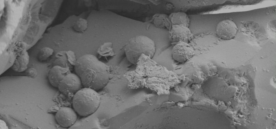 At high magnification using an electron microscope, spherical mineral beads called chondrules are visible embedded in the meteorite.