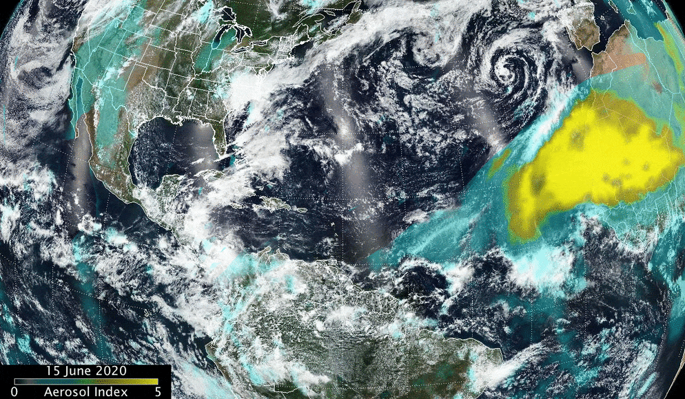 This animation of the progression of the Saharan dust cloud across the Atlantic Ocean from June 15 to 25, 2020 combines OMPS aerosol index and VIIRS visible imagery from NASA/NOAA&rsquo;s Suomi NPP satellite. The dust plume moved from Africa&rsquo;s west coast over the Atlantic into the Caribbean Sea and up through the Gulf of Mexico. The largest and thickest part of the plume is visible over the eastern and central Atlantic Ocean.