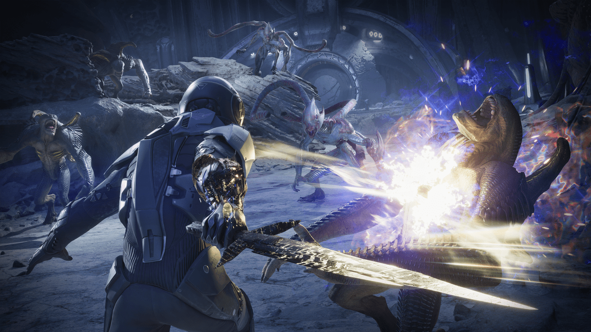 a space warrior slices an alien monster
