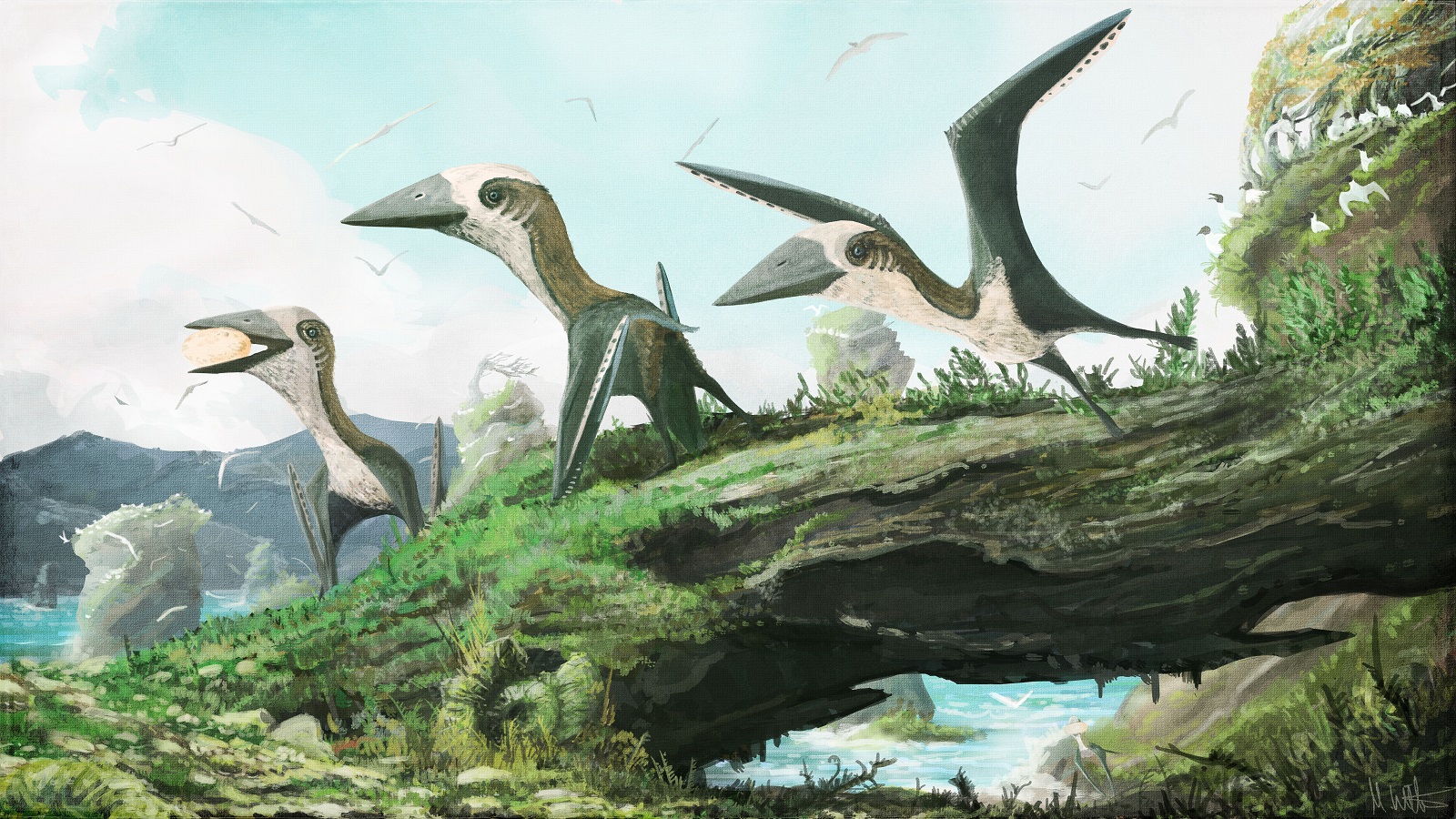 Artist&rsquo;s impression of the small-bodied, Late Cretaceous pterosaur from British Columbia against a background populated by ancient birds, which likely lived alongside the small, flying reptiles.