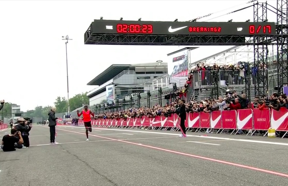 Eliud Kipchoge crosses the finish line with a time of 2:00:25 on May 6, 2017. Kipchoge was one of three athletes who attempted to run a marathon in less than 2 hours as part of Nike�s Breaking2 project.