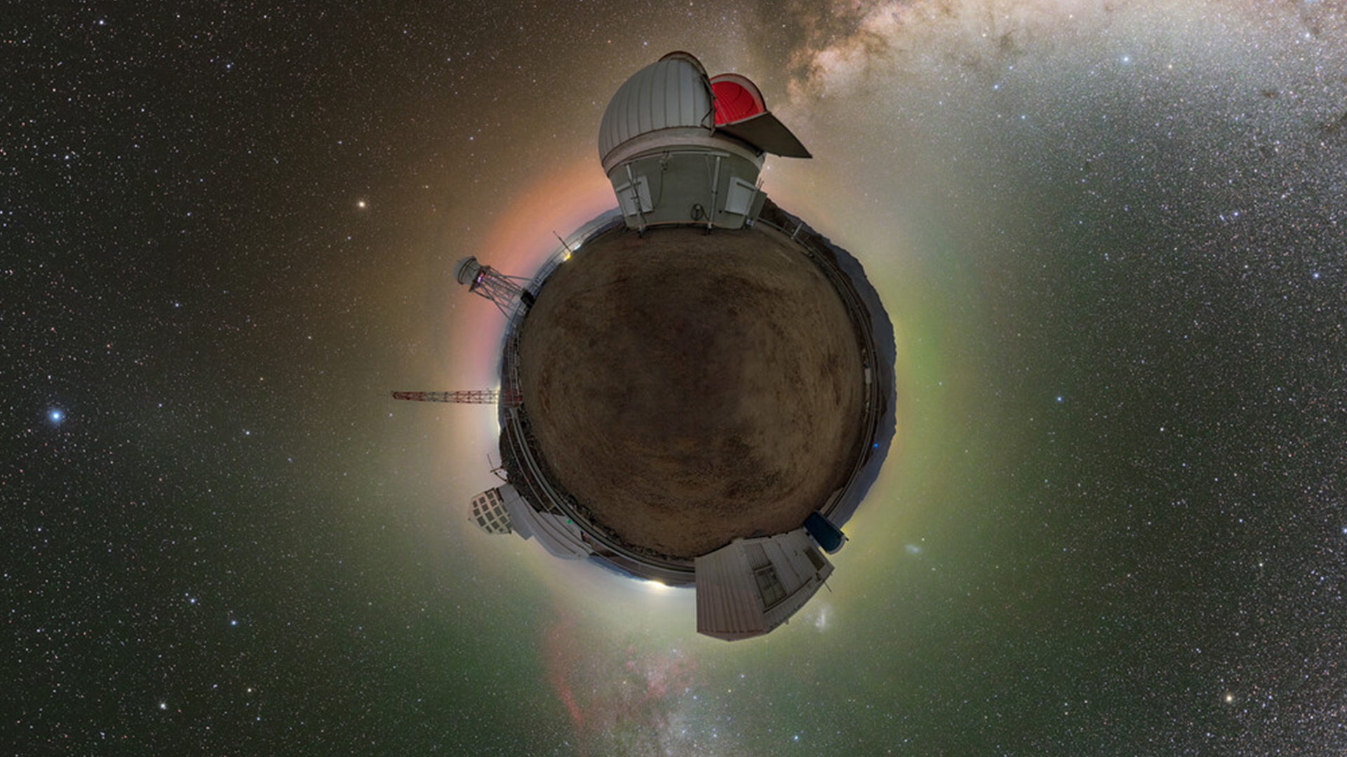 A 360-degree panorama as a photosphere from Chile�s Cerro Pachón mountain, showing the Rubin Auxiliary Telescope and the Rubin Observatory.
