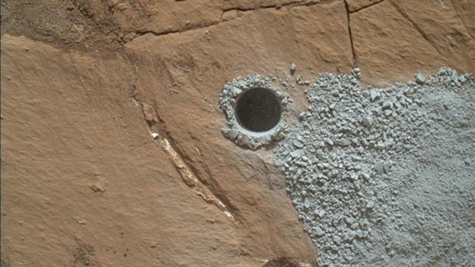 A drilled hole with tridymite powder on Mars