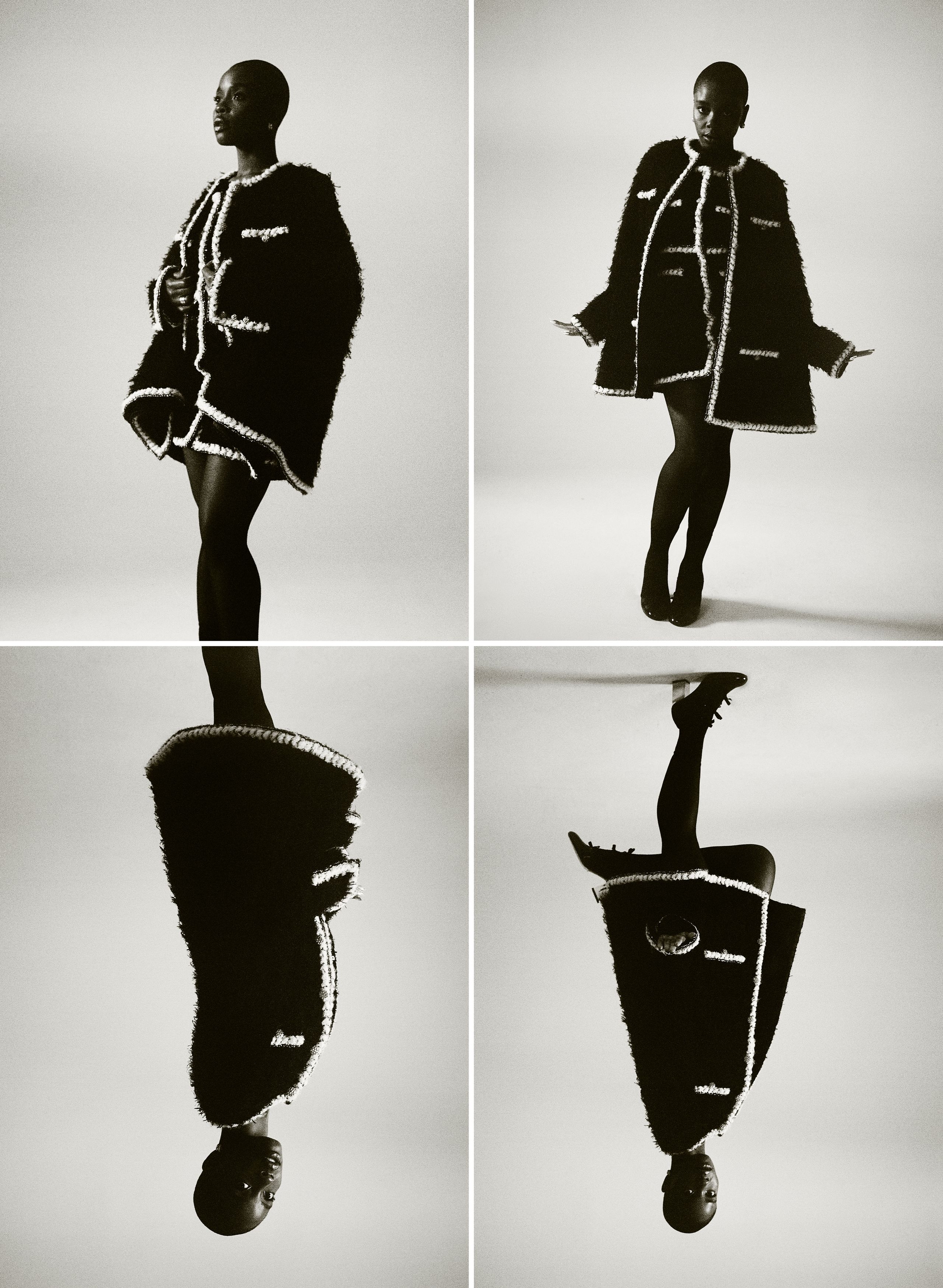 A grid of images showing Joy Sunday in a black and white wool tweed CHANEL dress and cape.