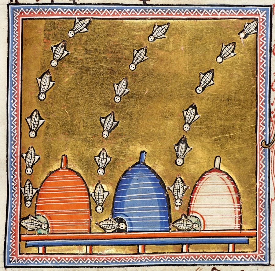 In this illustration, three identical bees each zoom into their hives, made of coiled straw, in three orderly rows.