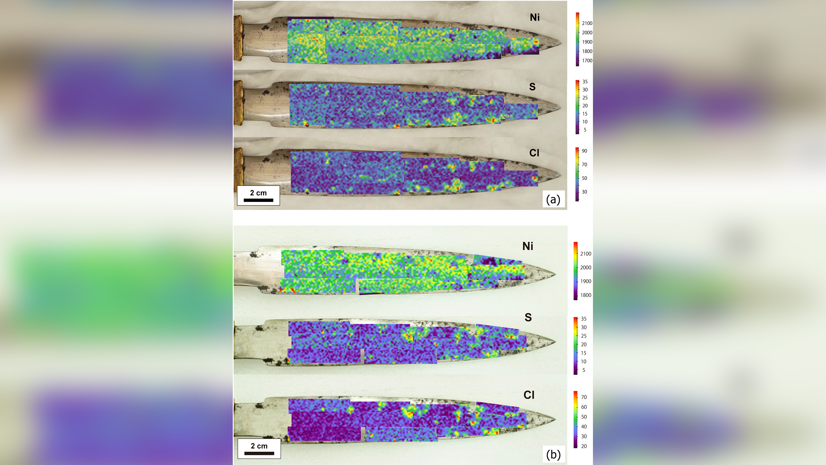 This image shows the chemical analysis of both sides of the dagger’s blade.