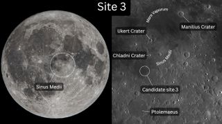 Dos imágenes, la izquierda es un primer plano de toda la luna y la derecha que muestra áreas específicas de su superficie con etiquetas