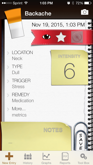 The home screen of the My Pain Diary app