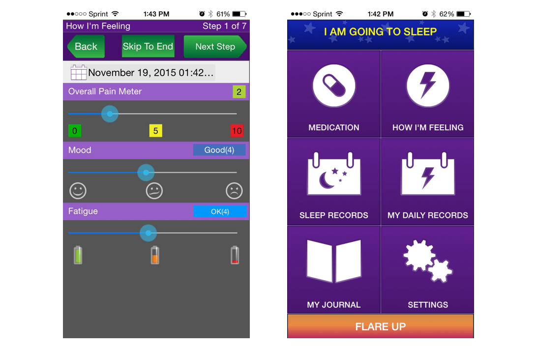 The home screen and menu screen from the FibroMapp app