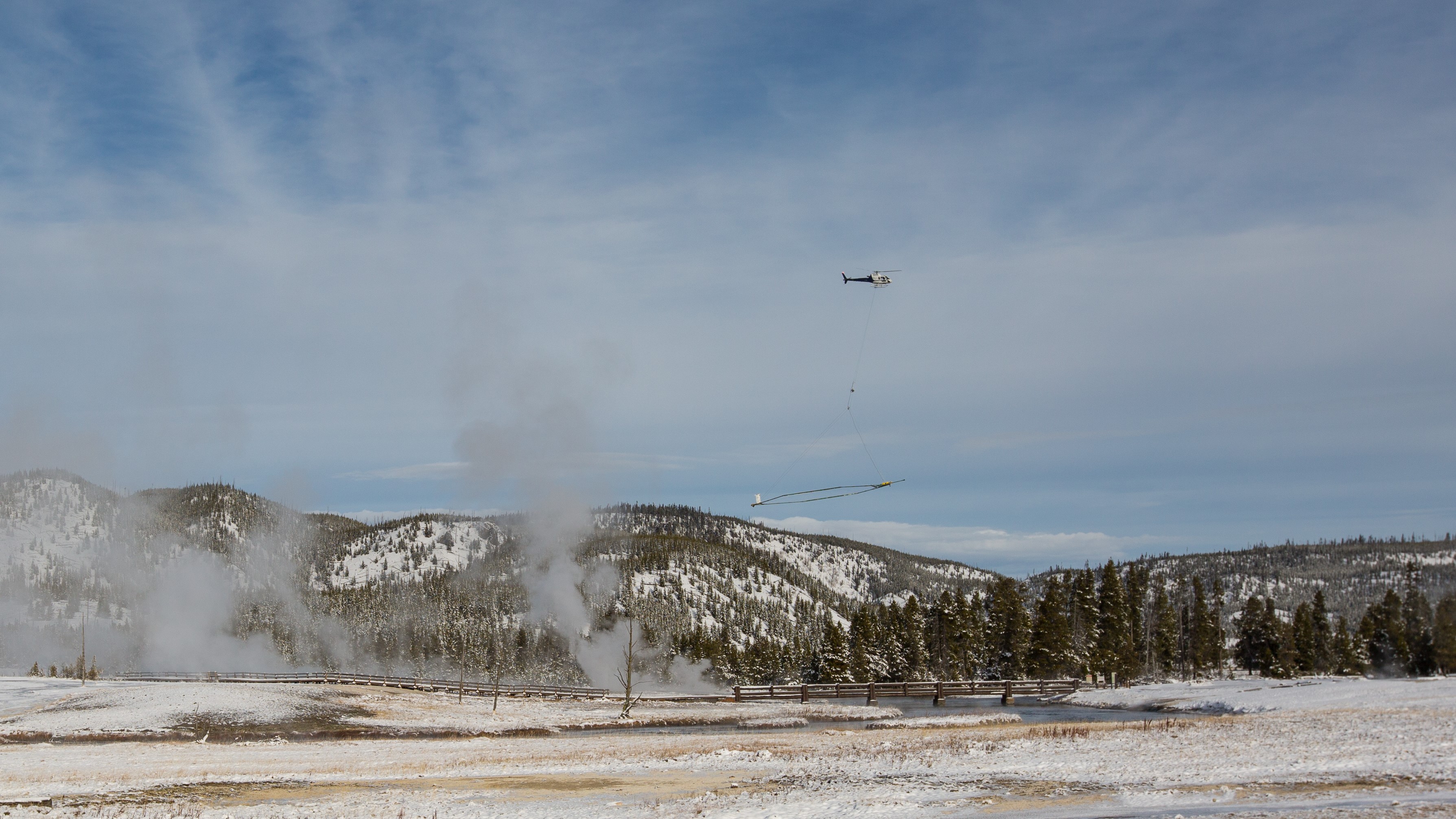 Researchers fly the SkyTEM magnet over Yellowstone National Park.
