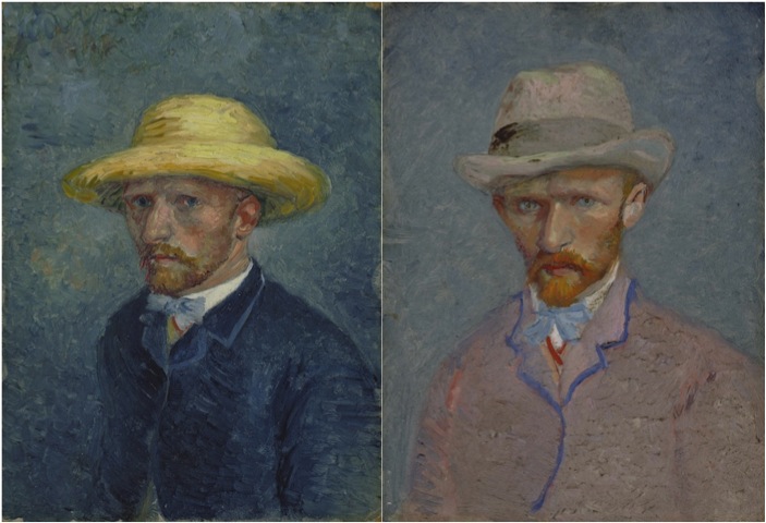 The two portraits, the right painting is one of the artist, Vincent van Gogh, the left is of his brother, Theo.