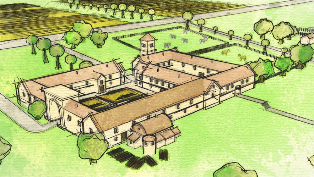 An artist’s impression of how the double-courtyard villa would have appeared during its heyday in the 3rd and 4th centuries A.D.