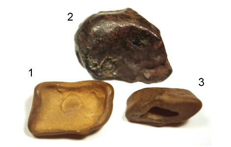 A researcher thinks these three rocks could be meteorites from the Tunguska explosion. Their nicknames are dental crown (1), whale (2) and boat (3).
