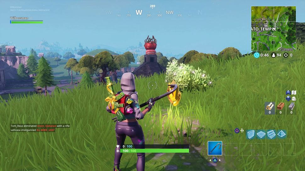 Search between a giant rock man, a crowned tomato, and an encircled tree Fortnite Season 7