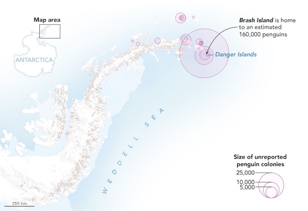 This map shows other locations along the Antarctic Peninsula where researchers detected previously unreported colonies of Adélie penguins.