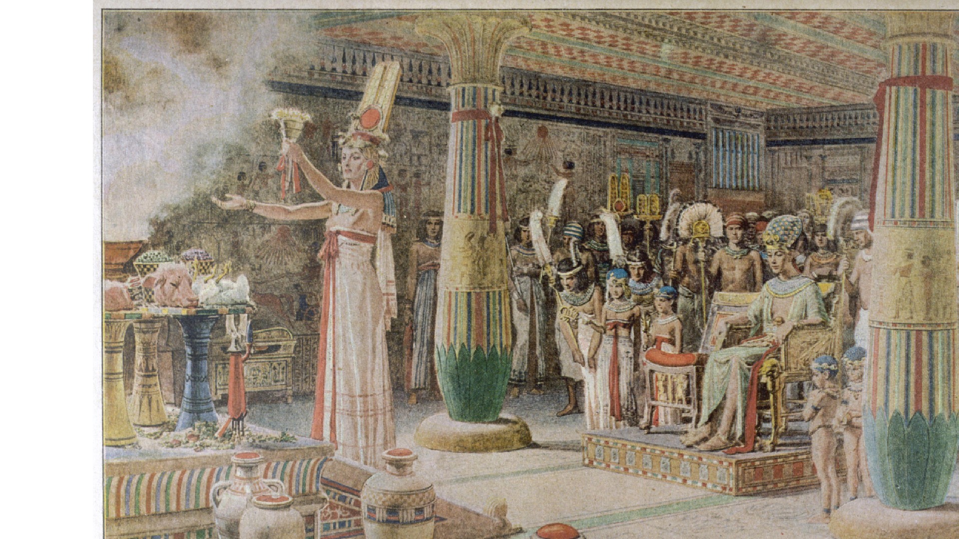 Queen Nefertiti performs a ceremony. She is wearing a white robe and a large gold headpiece. She is holding what looks like burning incense into the air. The rest of the room is filled with people, all standing behind her. Date: 14th century B.C.