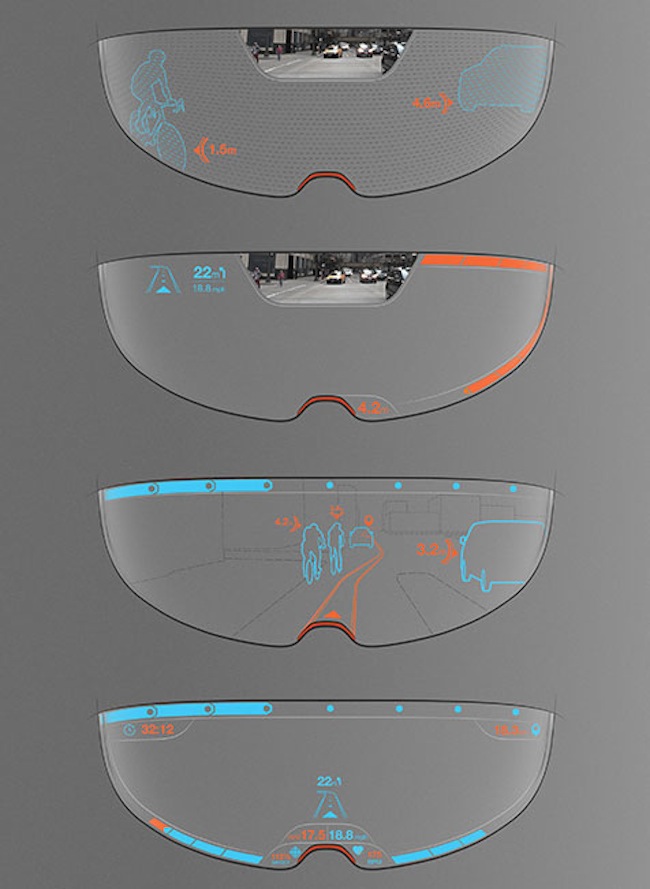 The futuristic-looking headgear features front and rear cameras and a drop-down visor that can overlay live-streaming footage from the rear camera onto a rider&rsquo;s field of view.