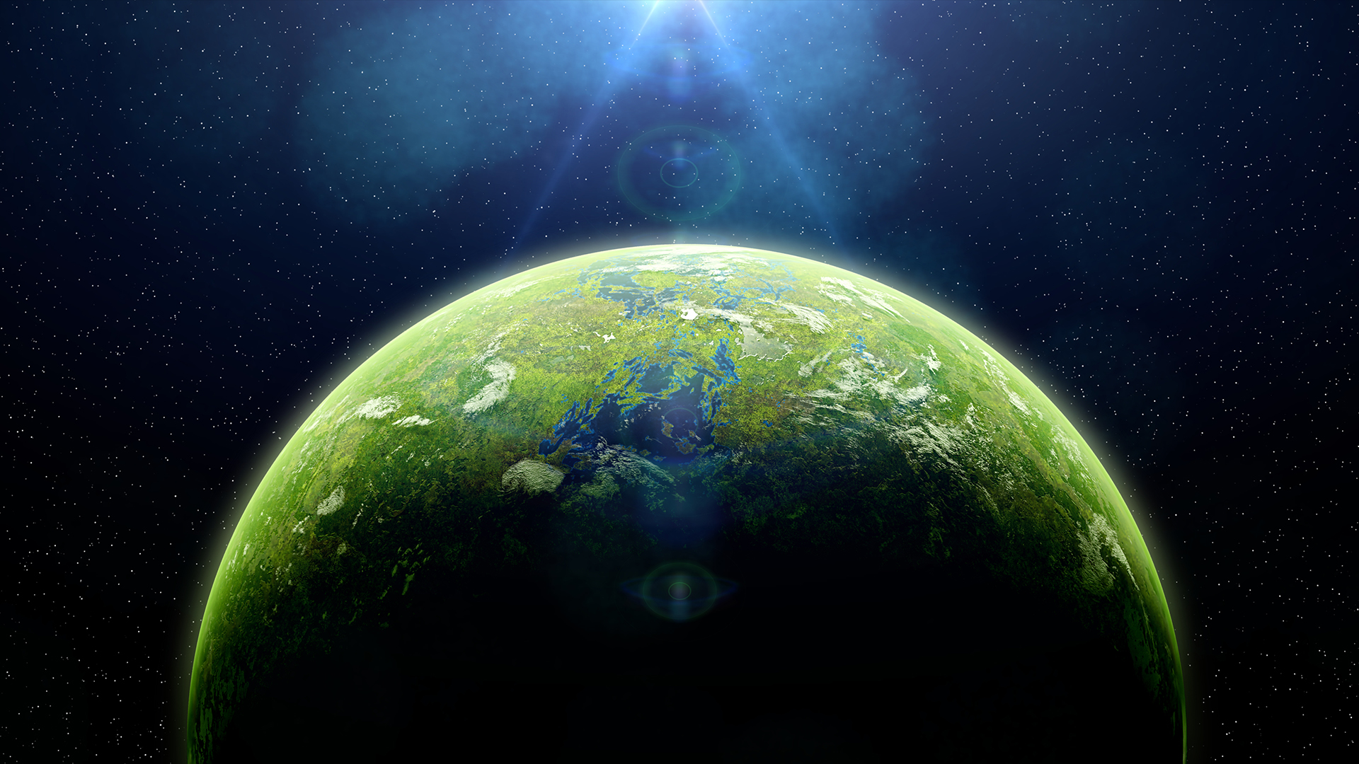 An illustration of a green and blue planet in space with light shining on it.