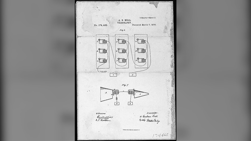 Alexander Graham Bell&rsquo;s Telephone patent drawing, from 1876. Bell&rsquo;s telephone was the first apparatus to transmit human speech via machine.