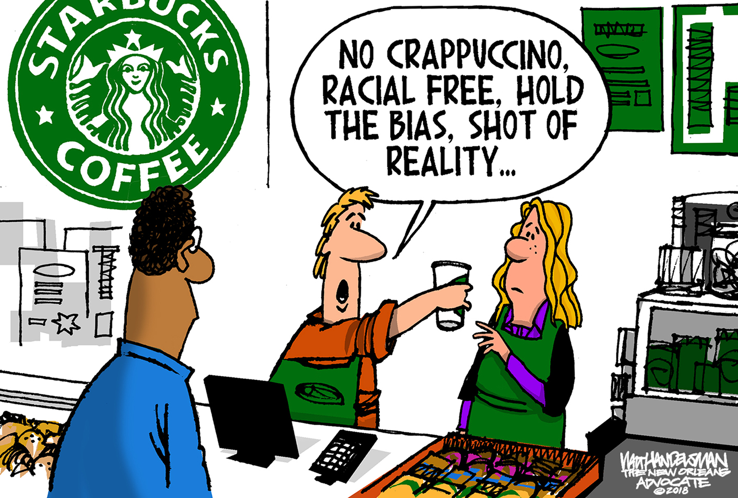 Political cartoon U.S. Starbucks racism controversy bias training The