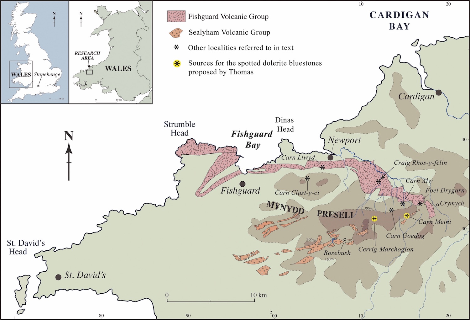 A map of north Pembrokeshire, Wales, showing the key rock outcrops in the Preseli Hills.