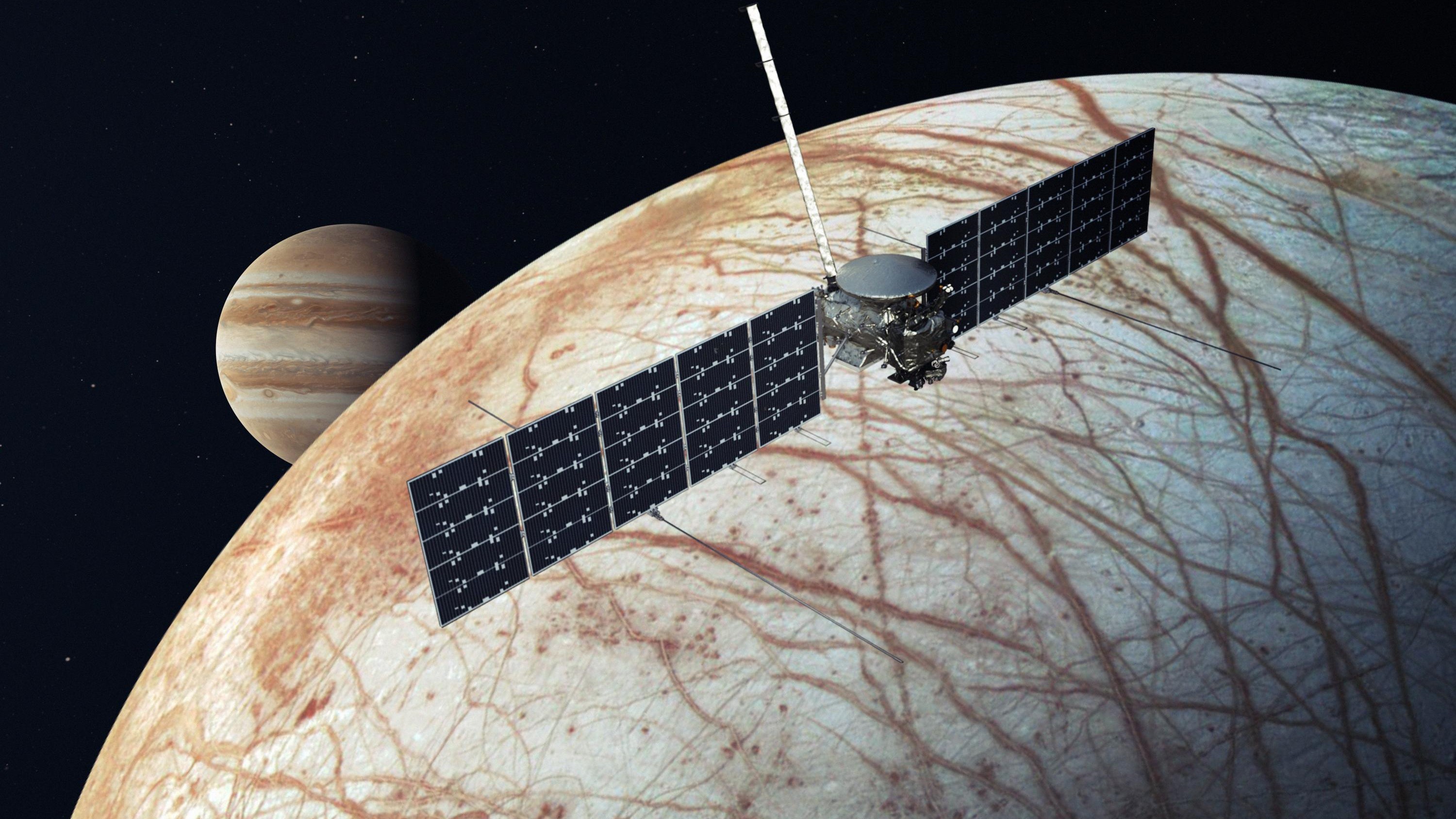 An artist&rsquo;s rendition of NASA&rsquo;s Europa Clipper, a spacecraft set to launch for a flyby of Jupiter&rsquo;s ice moon in 2024.