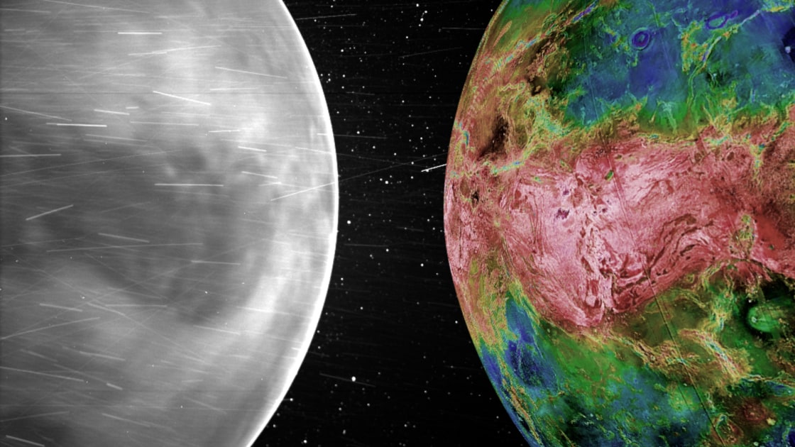 A side by side comparison of Venus’s surface as viewed by the Parker Solar Probe (left) and the Magellan mission (right). The surface features in both images match.