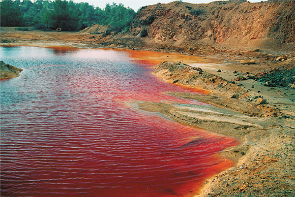 Acidic mining waste site. The earliest oxygen-dependent life on land may have been bacteria that produced acid when they eat pyrite or fool�s gold, and released chromium from the rocks.